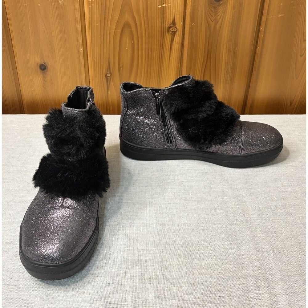 Kidpik Girls Sz 6 Shoes Black & Gray Glitter Poof Ball Faux Fur Booties Zip EUC